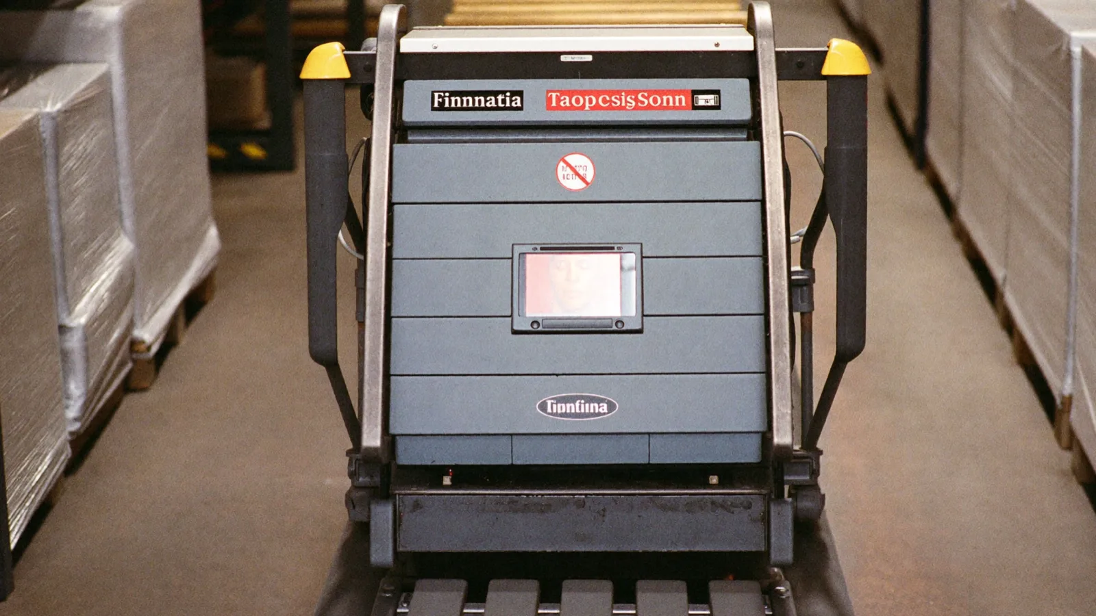 Un veicolo a guida automatica che sposta pallet lungo la corsia di un magazzino