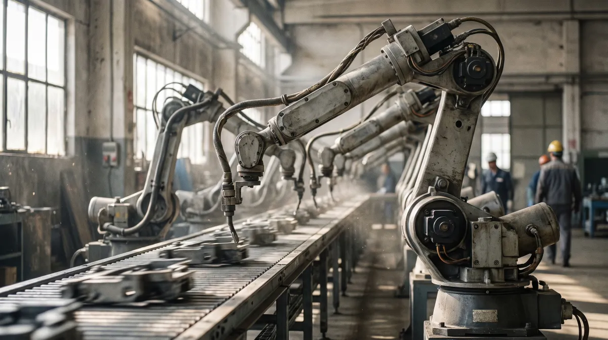 Linea di produzione automatizzata con bracci robotici su nastro trasportatore
