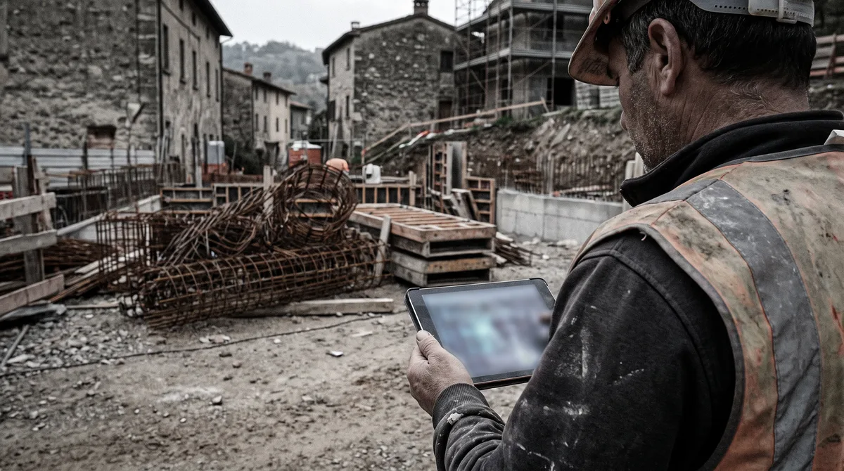 Operaio edile di spalle con un tablet dallo schermo sfocato, ferri d'armatura e casseri sullo sfondo