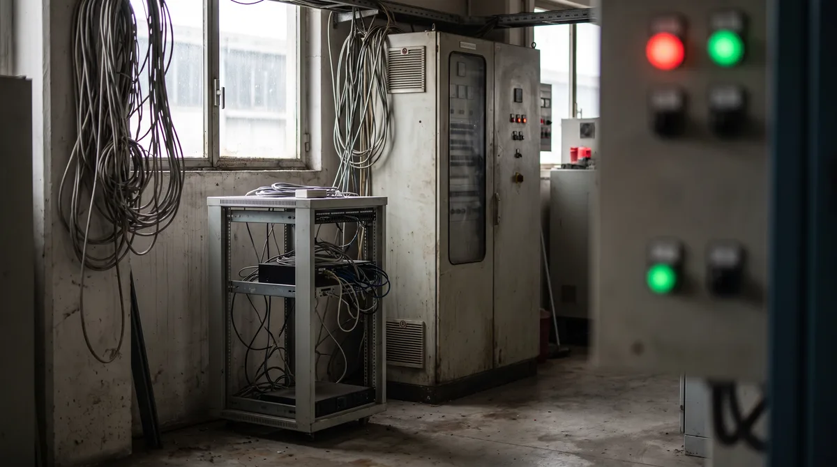 Locale tecnico di una piccola fabbrica con rack server, quadro di comando e spie luminose sfocate