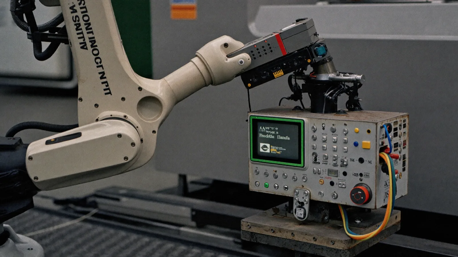 Nuovo braccio robotico industriale in fase di installazione su una linea di assemblaggio automatizzata