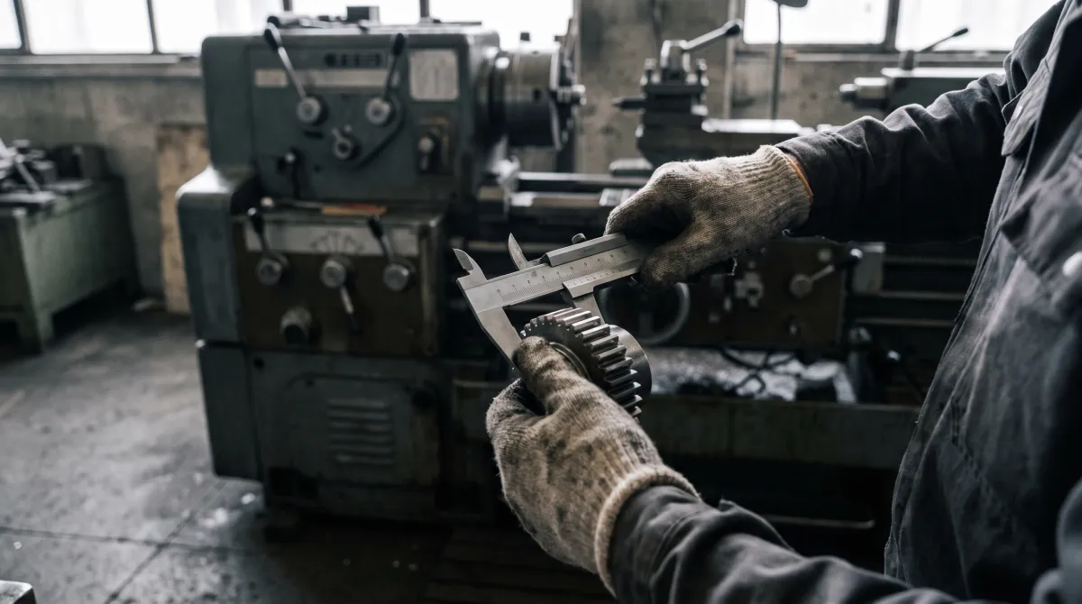 Mani di un tecnico misurano un componente meccanico con un calibro accanto a una macchina industriale