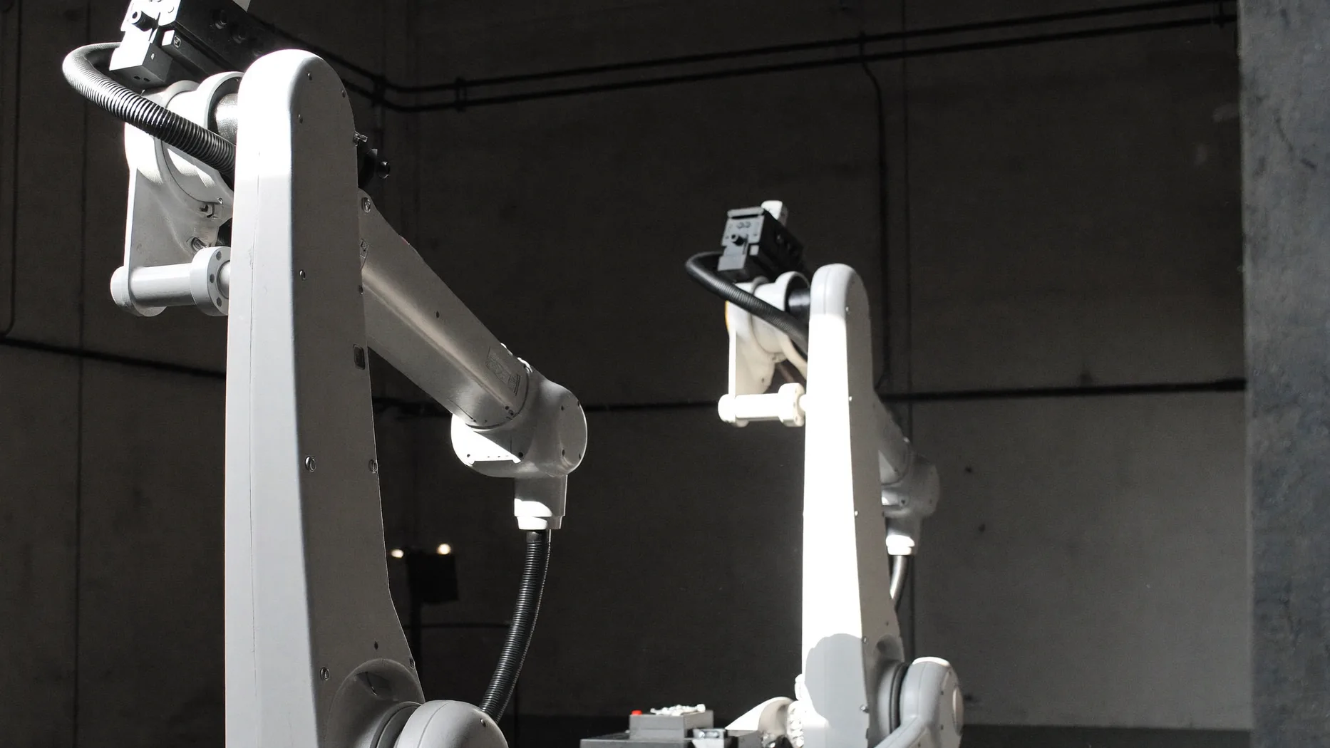 Due bracci robotici industriali bianchi in una cella di produzione