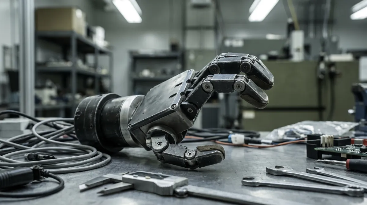 Macro di una pinza robotica articolata su banco di laboratorio con cavi e utensili